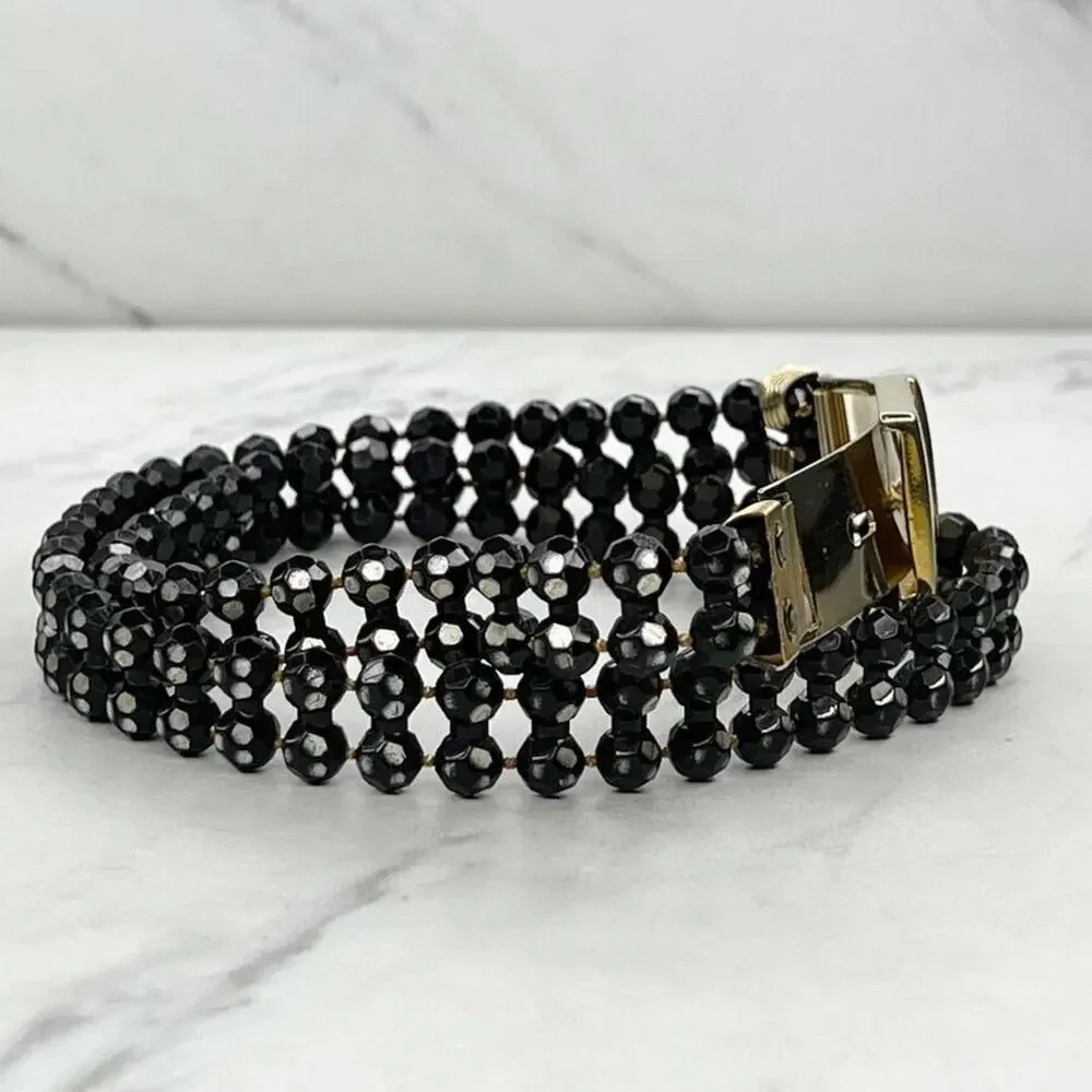 Black Beaded Belt Gold Tone Buckle Statement Small (S) ✨